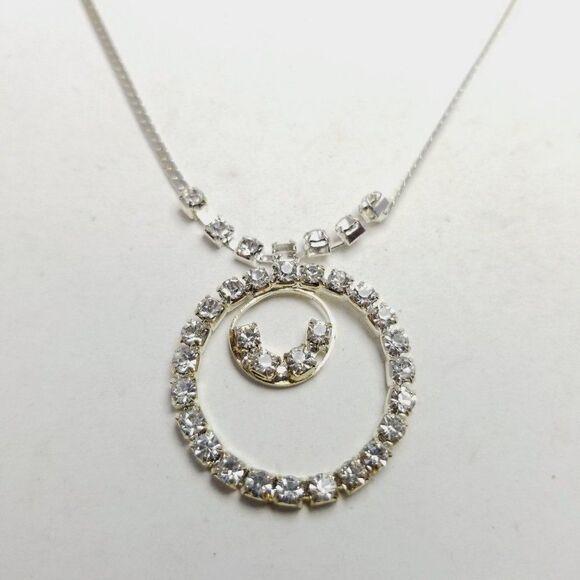 Vintage Circular Rhinestone Pendant Necklace, Silver Tone Chain, Sparkle - Picture 1 of 6